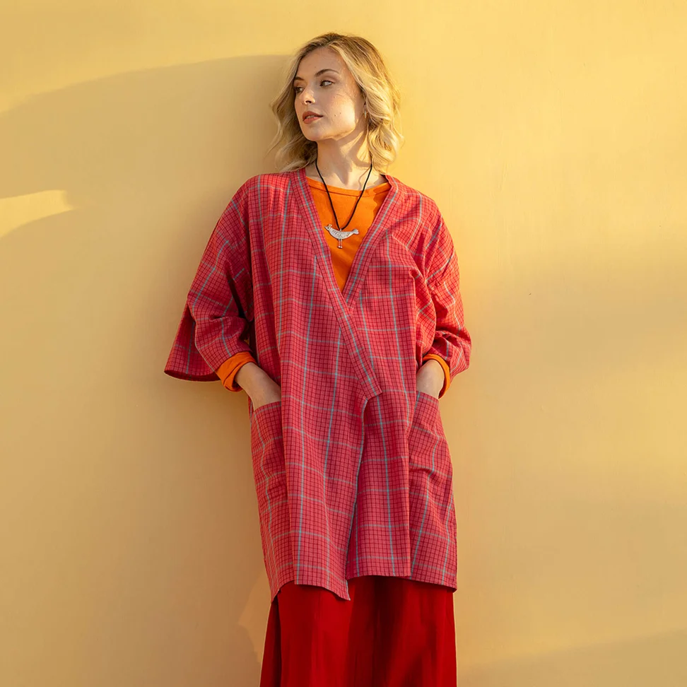 Kimono à carreaux "Coimbatore" en coton biologique - flamant rose