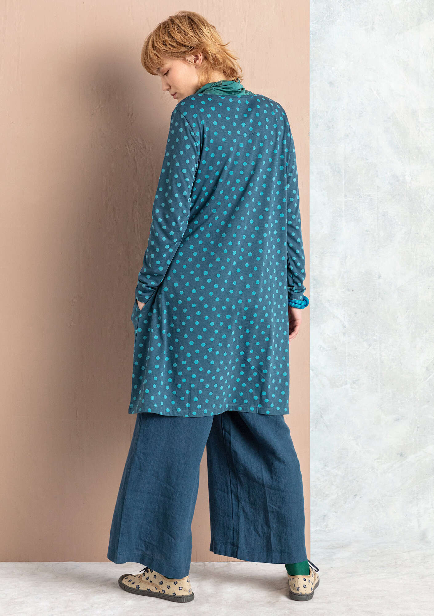 “Juliet” jersey tunic in organic cotton/modal indigo/patterned