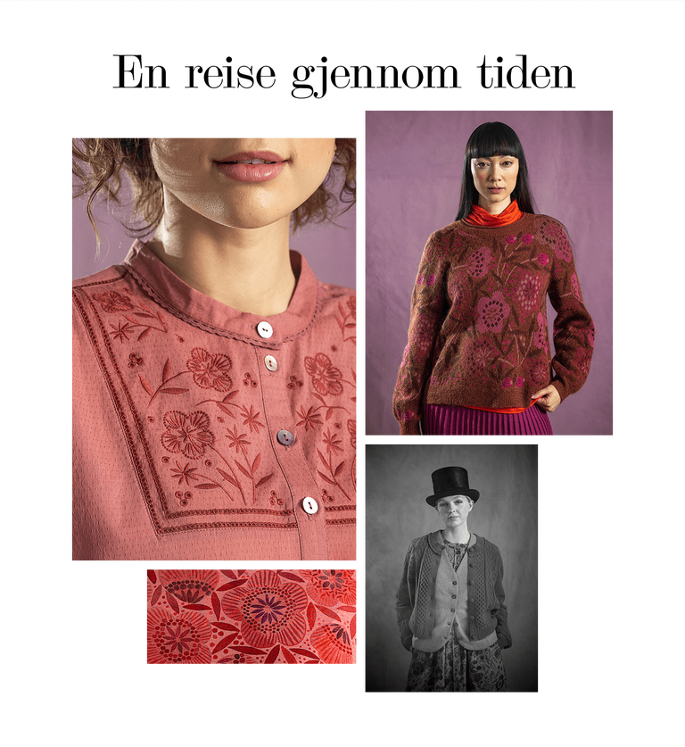 A collage of women wearing clothing from Gudrun Sjödén and a picture that looks like an old photo of a woman in a top hat. The collage also has a closeup of patterned red fabric.