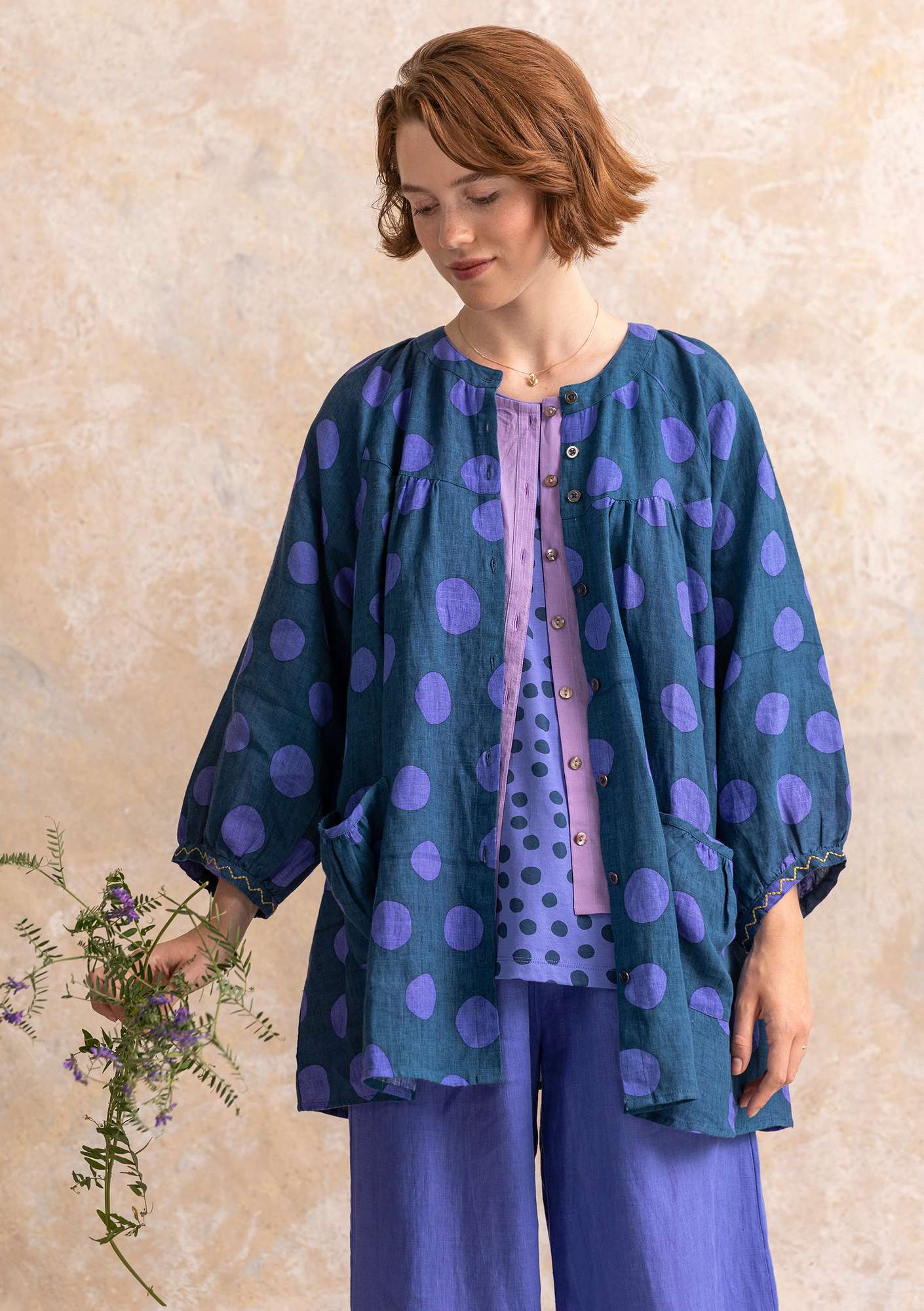 “Amber” linen smock blouse indigo/patterned