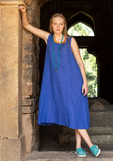 Ärmelloses Webkleid aus Leinen - brillantblau