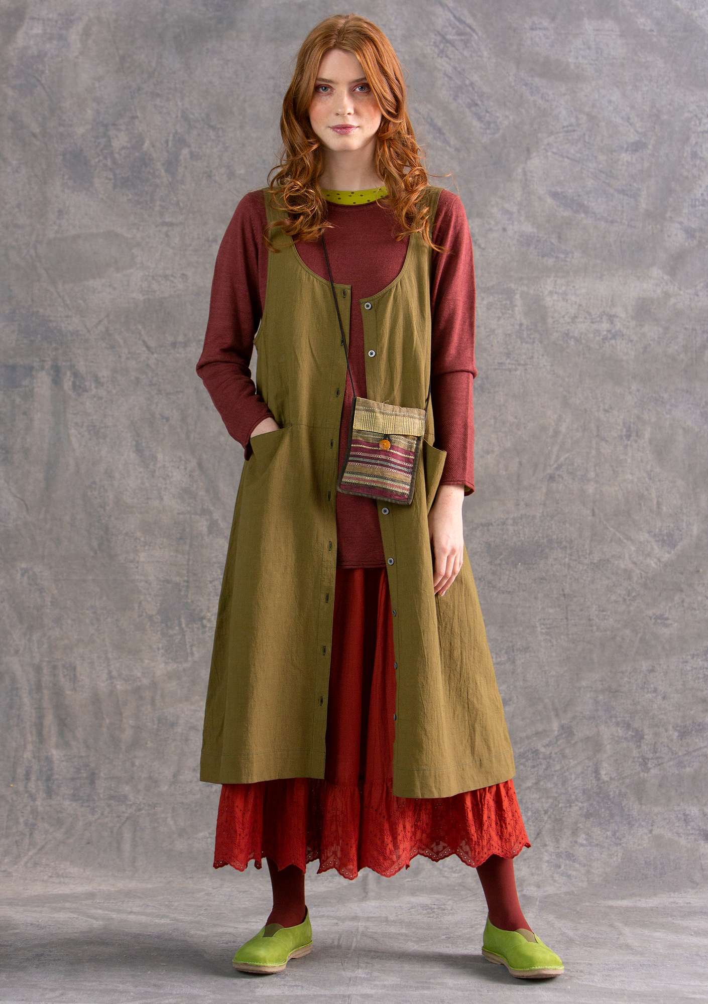 Woven balalaika dress in organic cotton/linen dark olive thumbnail