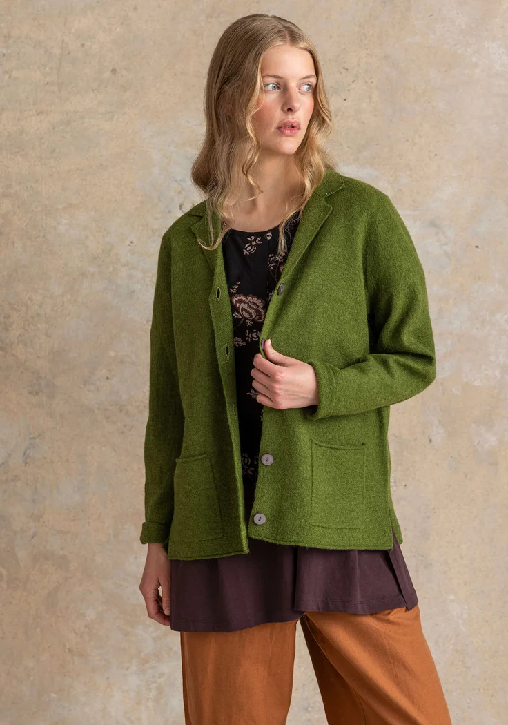 Knitted blazer crafted from felted organic wool - pesto/melange