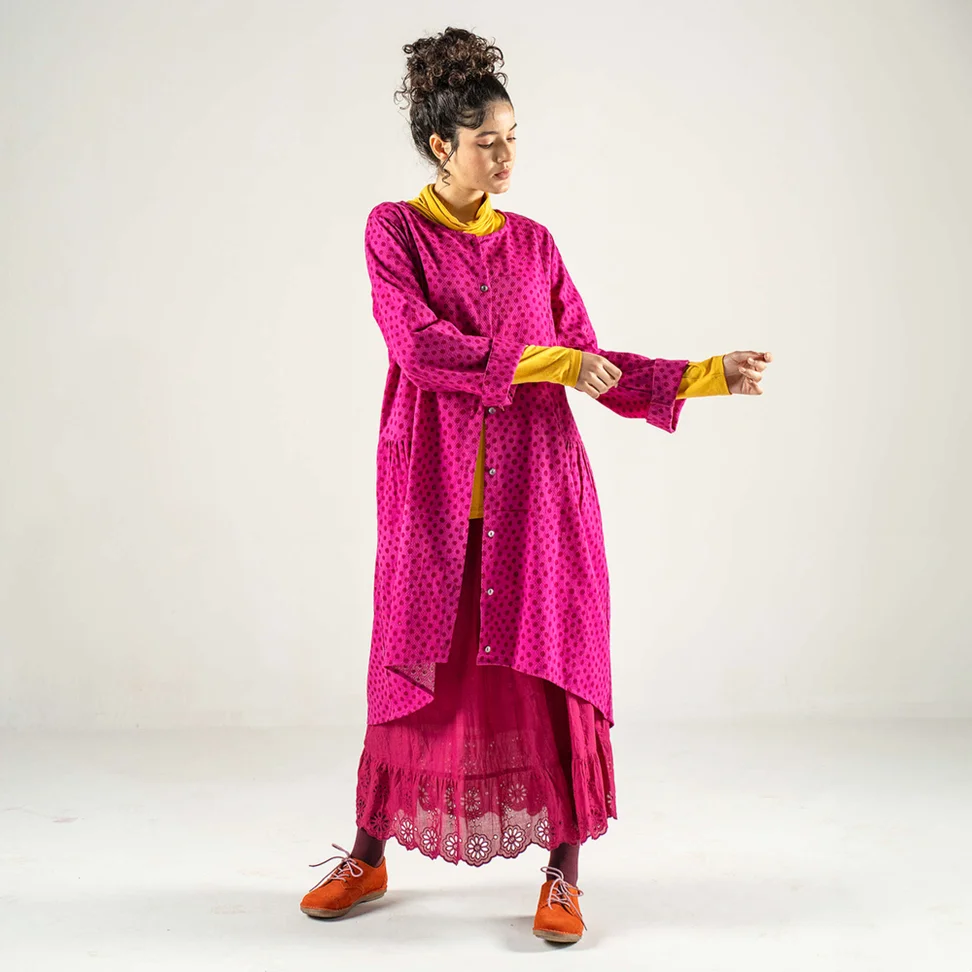 Woven “Olivia” dress in organic cotton - cerise/patterned