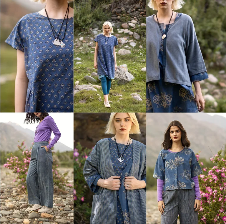 A collage of women wearing different clothes from Gudrun Sjödén’s “Natural Dyes”. collection.