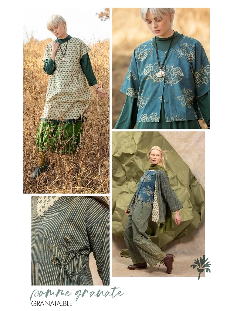 A collage of women wearing clothes in shades of green and turquoise from Gudrun Sjödén.