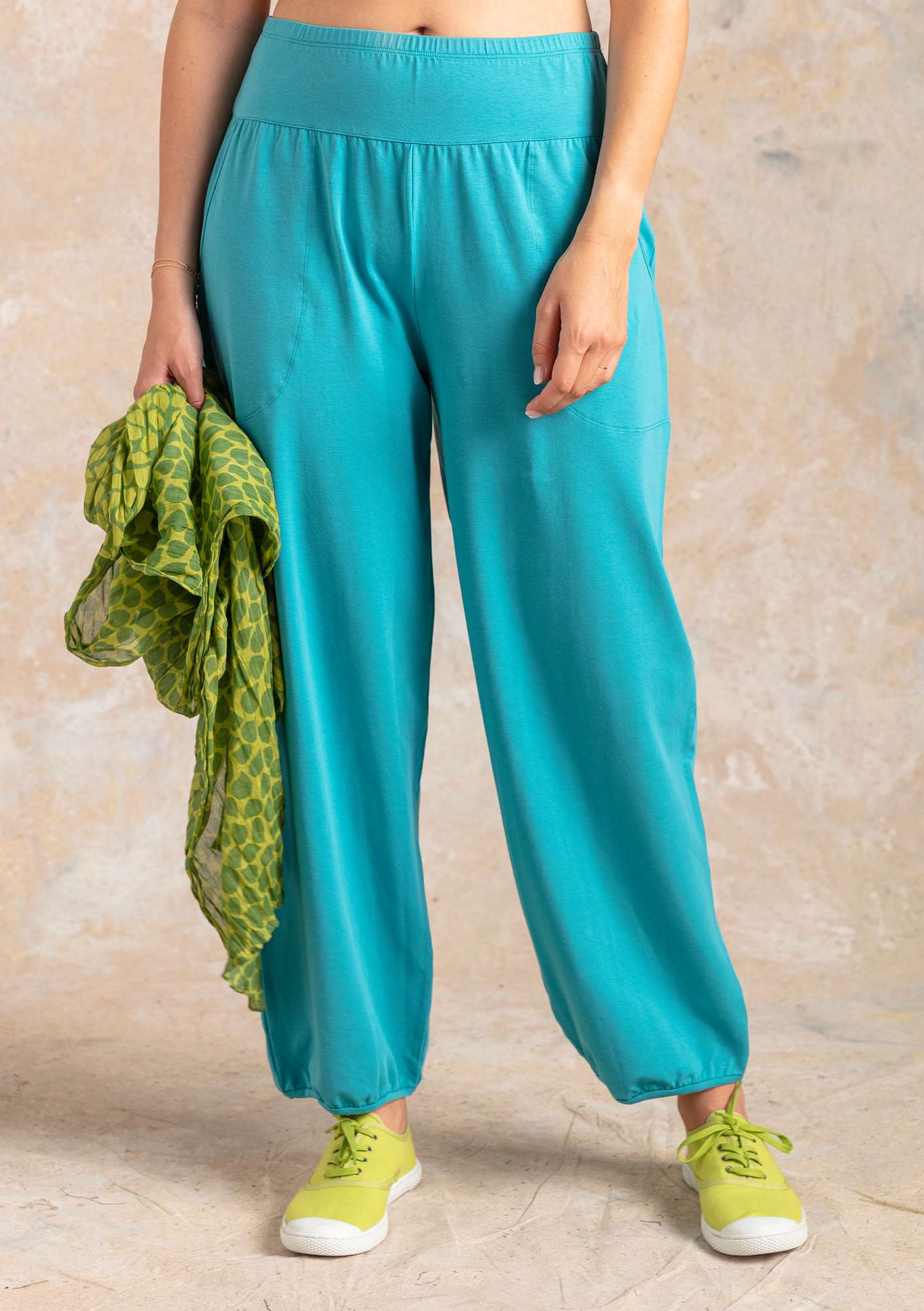 Pantalon bouffant en jersey de coton biologique/élasthanne turquoise thumbnail