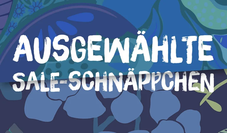 Ein grafisches Muster in mehreren Farben mit den Worten „AUSGEWÄHLTE SALE-SCHNÄPPCHEN“ in Weiß.