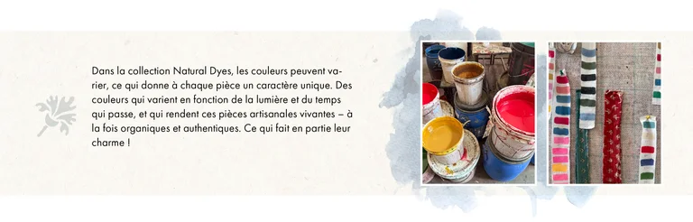 A collage with two different images of dye vats and fabric lengths in various colours. The collage also contains a geometric flower and kraft paper background. 