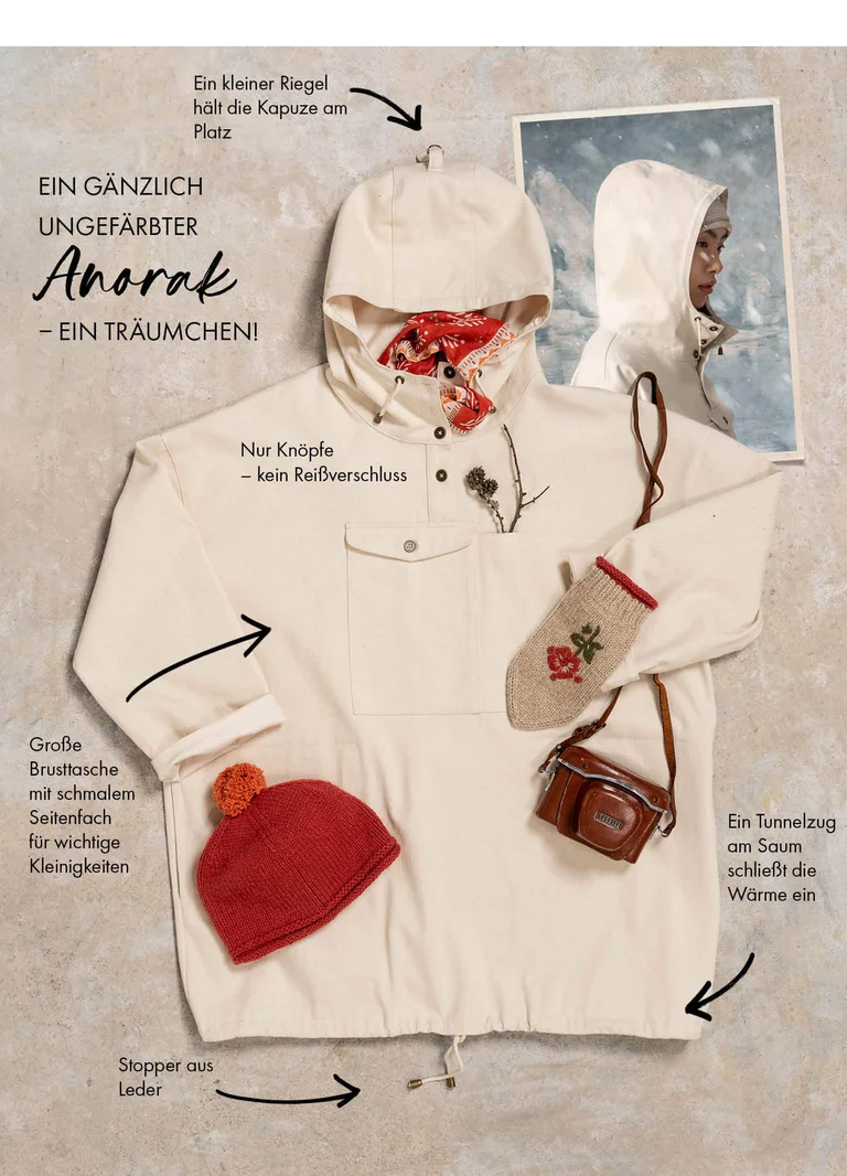 A picture with a white anorak. The picture also has several arrows and text for different details on the jacket.