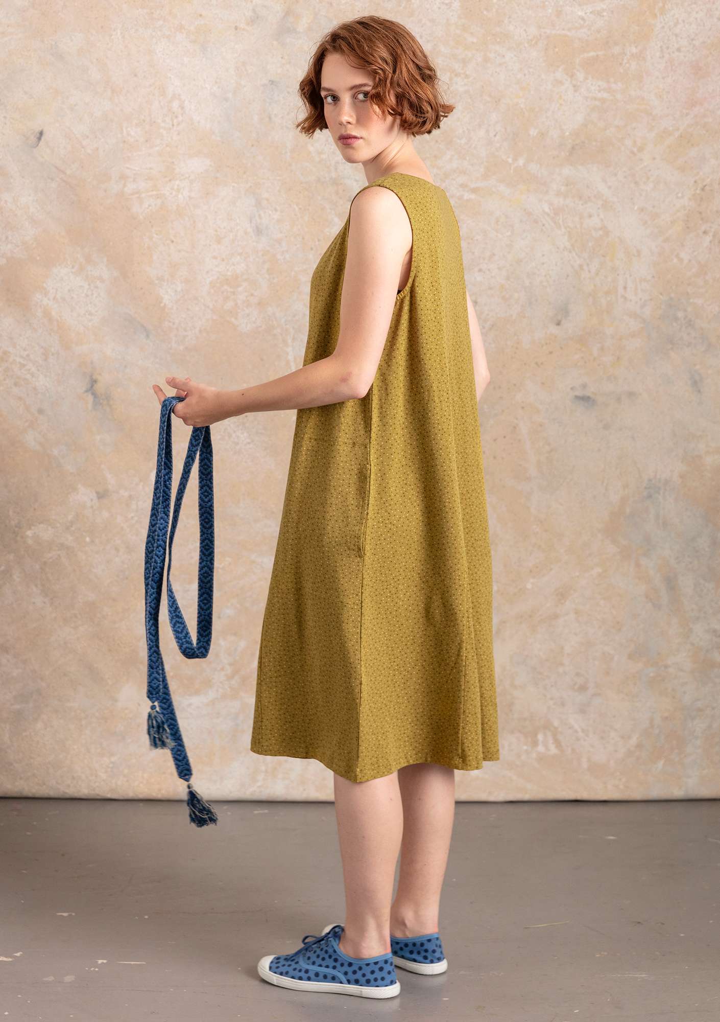 “Iliana” jersey dress in organic cotton/spandex olive/patterned