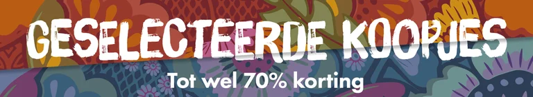 Een grafisch dessin in verschillende kleuren met een witte tekst GESELECTEERDE KOOPJES tot 70% korting.