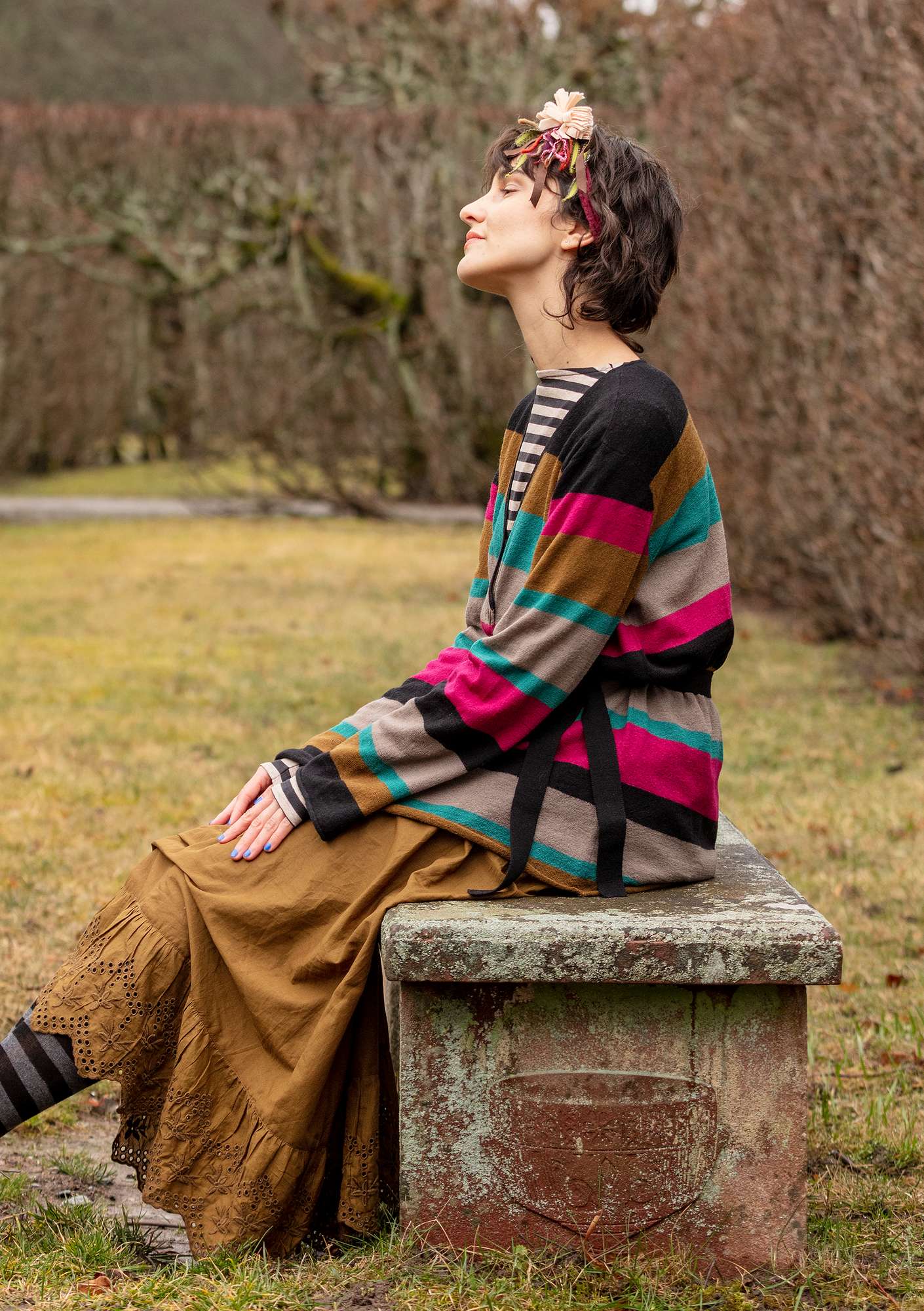 Solid-colour and striped wraparound cardigan crafted from felted wool patterned/black thumbnail