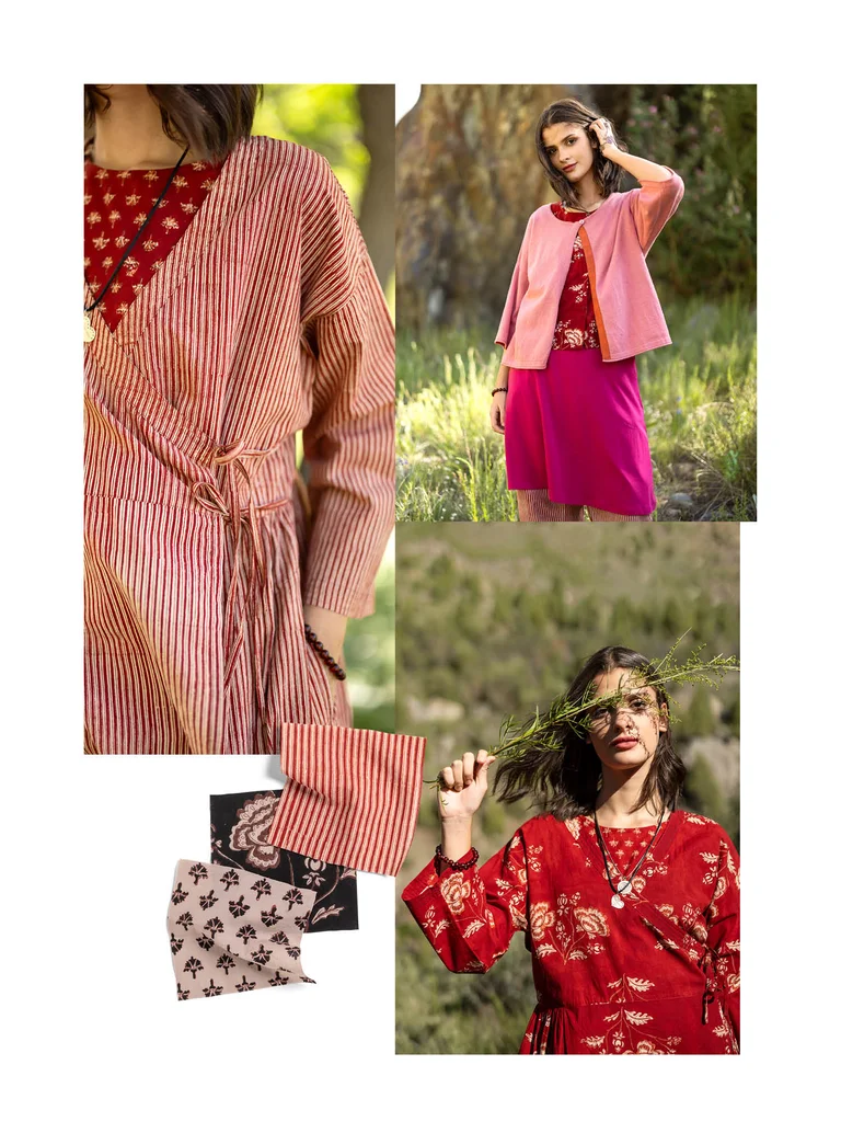 A collage of women wearing rosy-red clothing from Gudrun Sjödén.