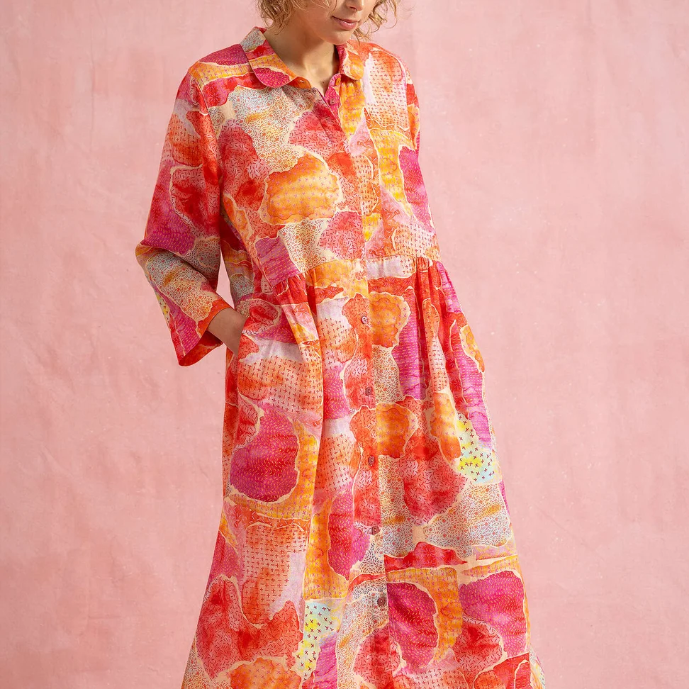 Geweven jurk "Supernova" van lyocell/linnen - baksteen