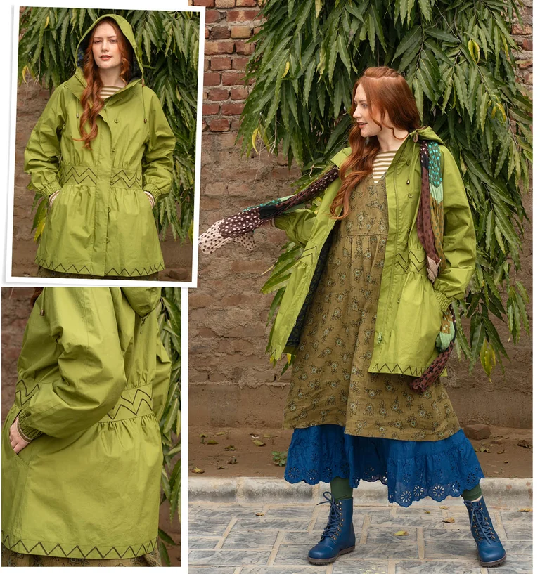 Un collage avec une femme portant une parka verte signée Gudrun Sjödén. 