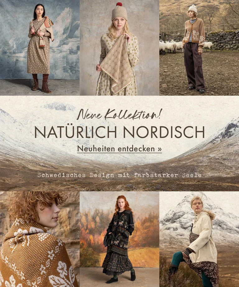 A collage of different sized pictures of women wearing clothes in earthy tones from Gudrun Sjödén’s 2026 Winter collection. The collage includes an image of a mountain landscape.