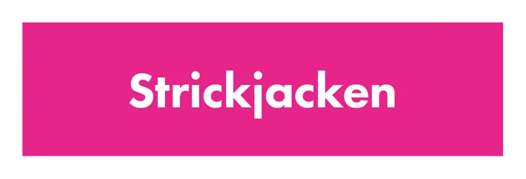 Ein rosa Feld mit dem Wort „Strickjacken“ in Weiß.
