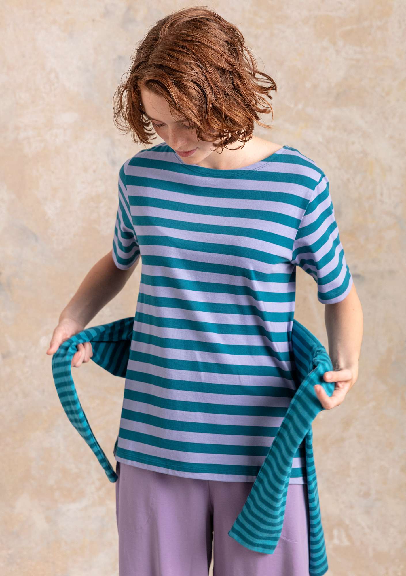 Striped T-shirt in organic cotton petrol blue/lavender thumbnail