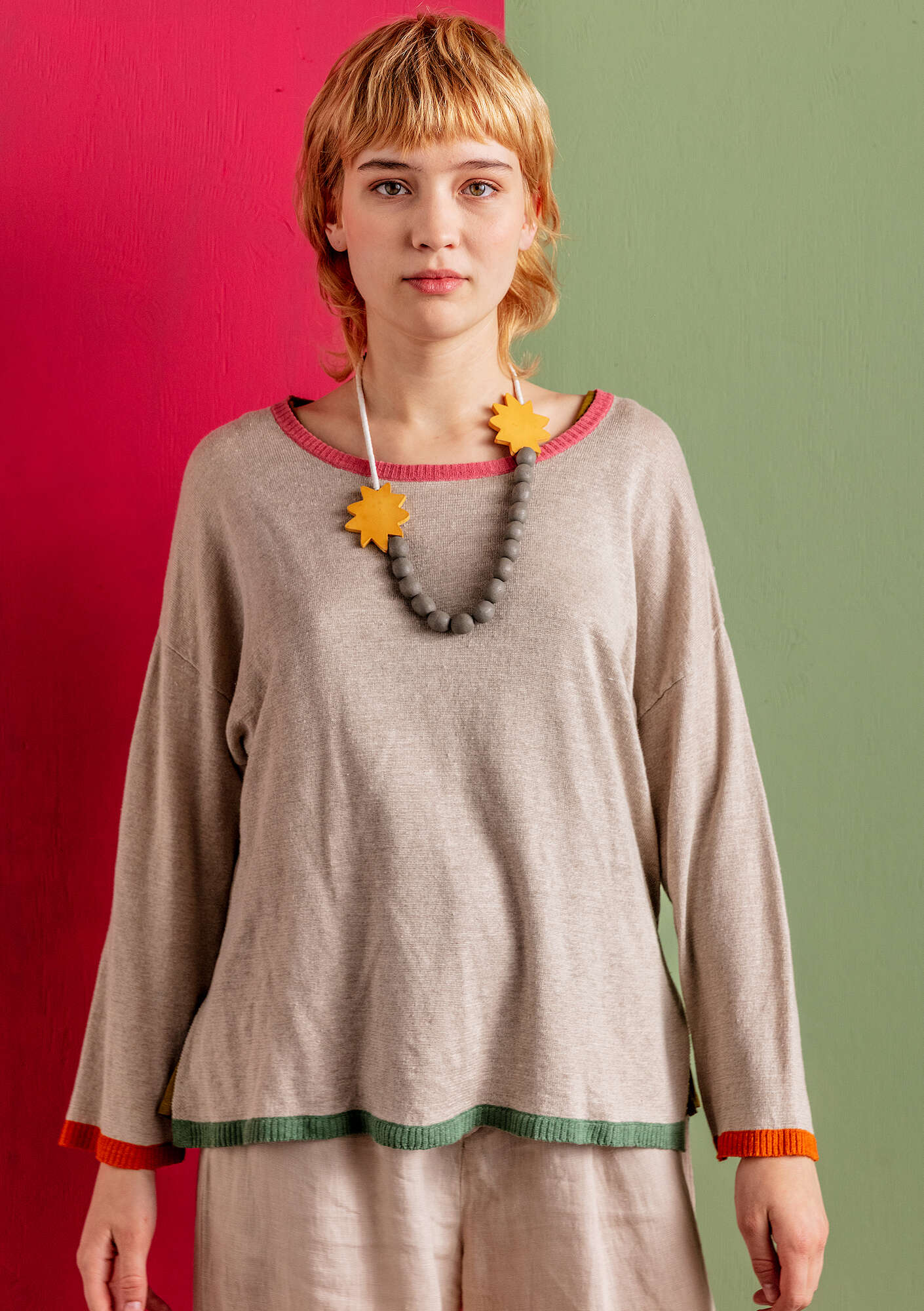 Long-sleeved knit sweater in recycled linen dark natural