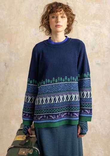 Gemusterter Pullover „Harsprång“ aus Lammwolle/Recycling-Wollgemisch - mitternachtsblau