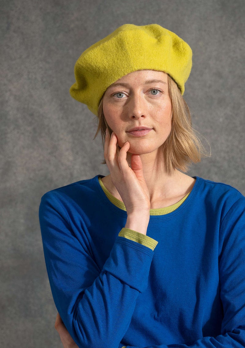 Knit beret in felted organic wool lime green