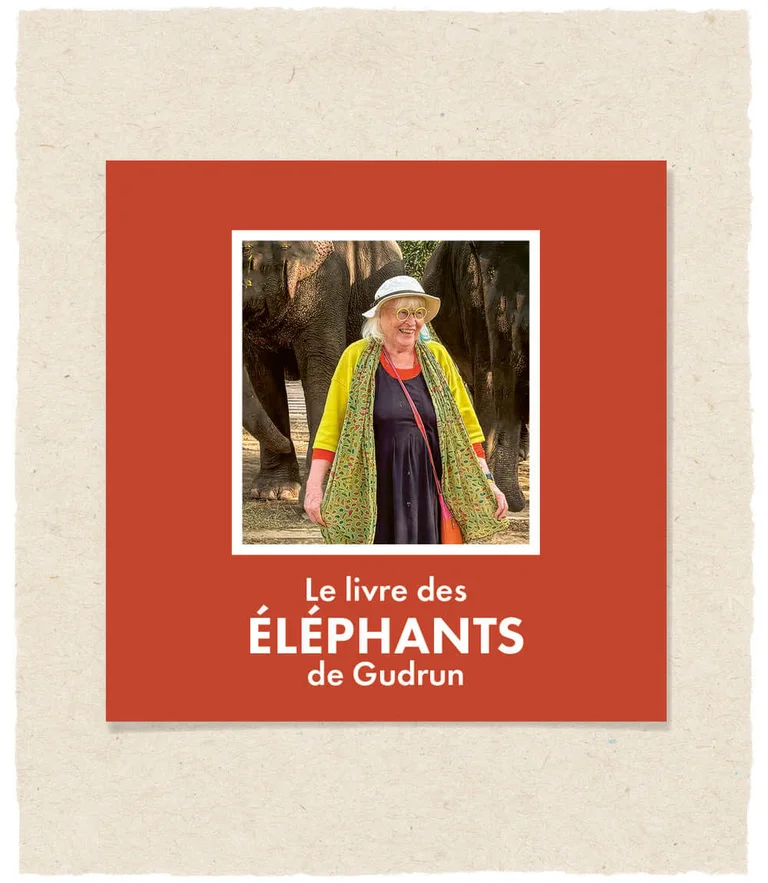 La couverture du livre de Gudrun Sjödén sur les éléphants, où Gudrun apparaît souriante devant deux éléphants.