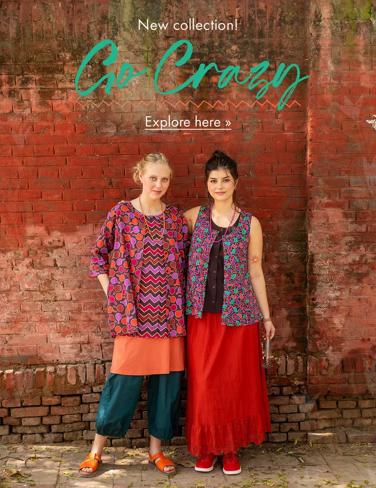 A collage of women wearing colourful patterned clothes from Gudrun Sjödén.