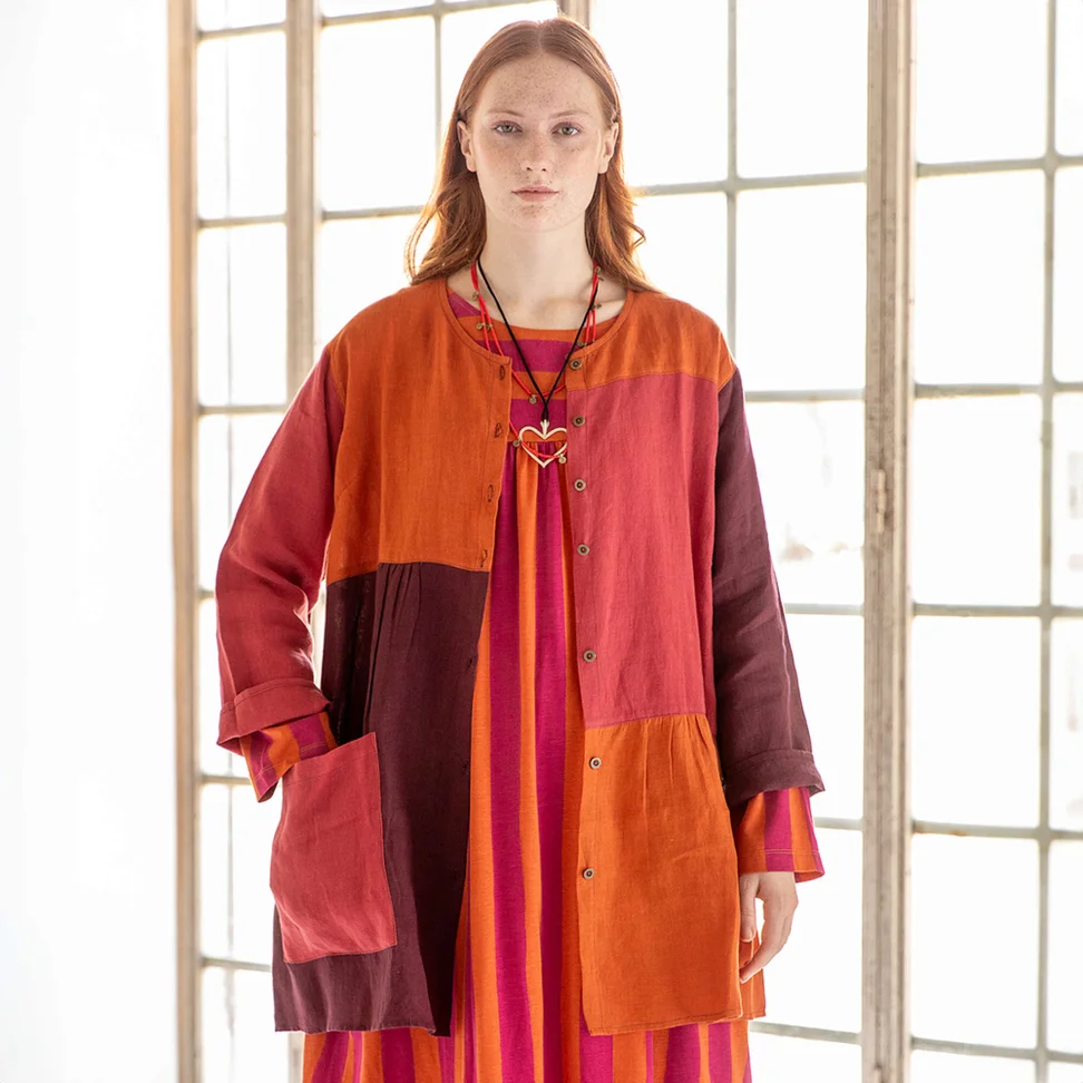 “Azores” linen smock blouse - aubergine/multicoloured