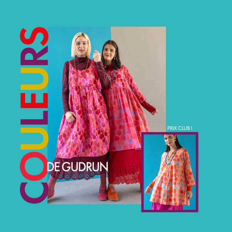 Un collage de photos sur fond turquoise avec des images de femmes portant des vêtements provenant de la collection Paris de Gudrun Sjödén.
