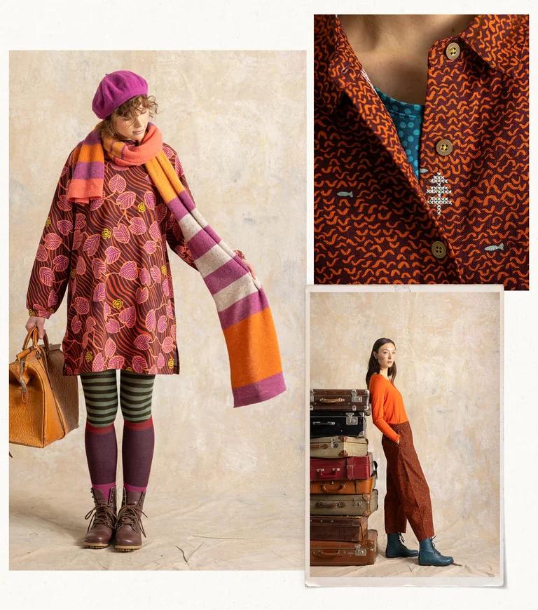 A collage of two women wearing clothing from Gudrun Sjödén and a closeup of a patterned shirt from Gudrun Sjödén.
