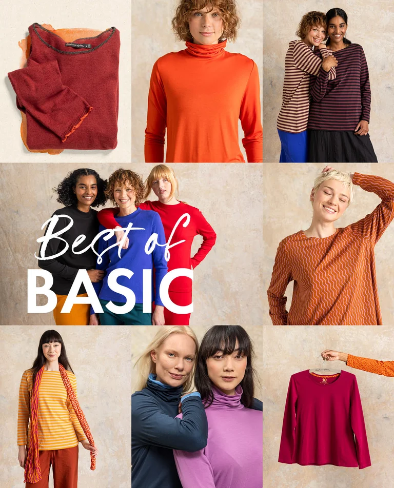 A collage of women wearing jersey tops and knitted sweaters from Gudrun Sjödén in multiple colours – striped, dotted, patterned and plain.