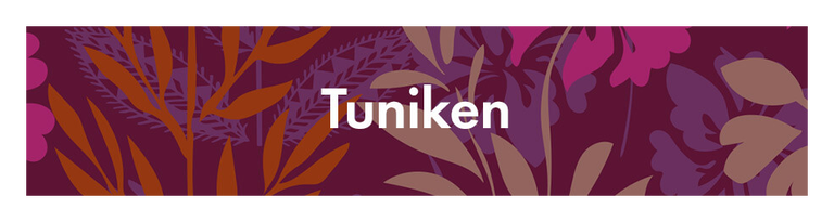 Ein Muster in Lila mit dem Wort „Tuniken“ in Weiss.