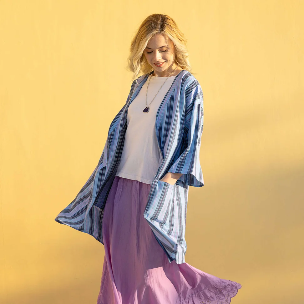 “Coimbatore” checked organic cotton kimono - pigeon blue