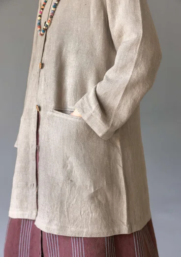 Long woven jacket in garment-washed linen - dark natural