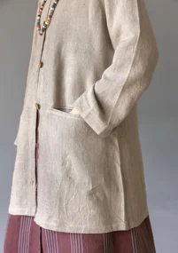 Long woven jacket in garment-washed linen - dark natural