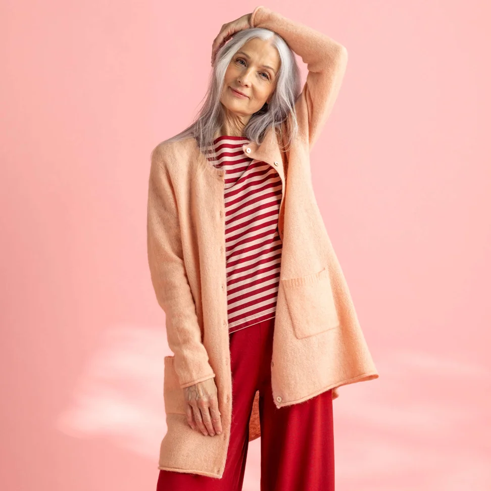 Lang cardigan i uld/bomuld/alpaka - rosa marmor