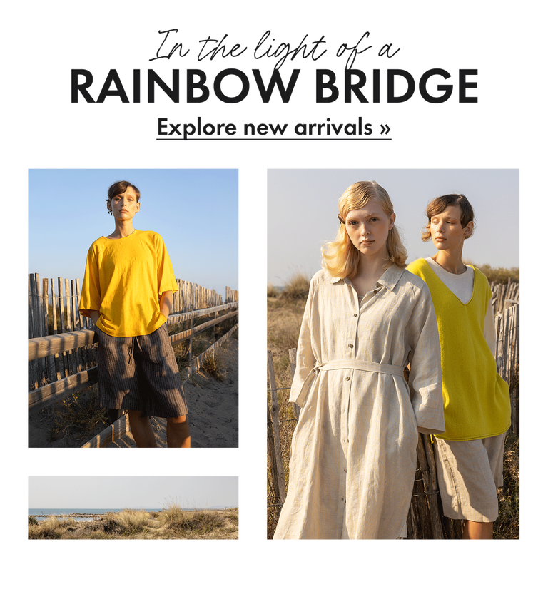 A collage of women in a coastal setting wearing solid-colour clothes from Gudrun Sjödén. The collage includes a picture of the sea and horizon.