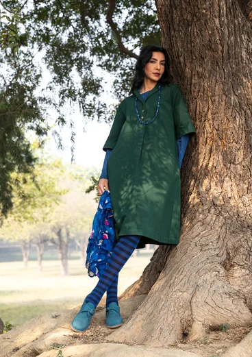 Cotton/linen dress with a collar - monstera