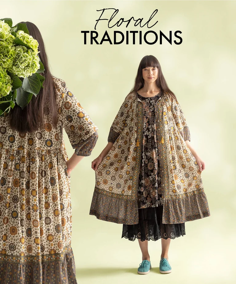  A collage of a woman wearing a patterned brown dress from Gudrun Sjödén.