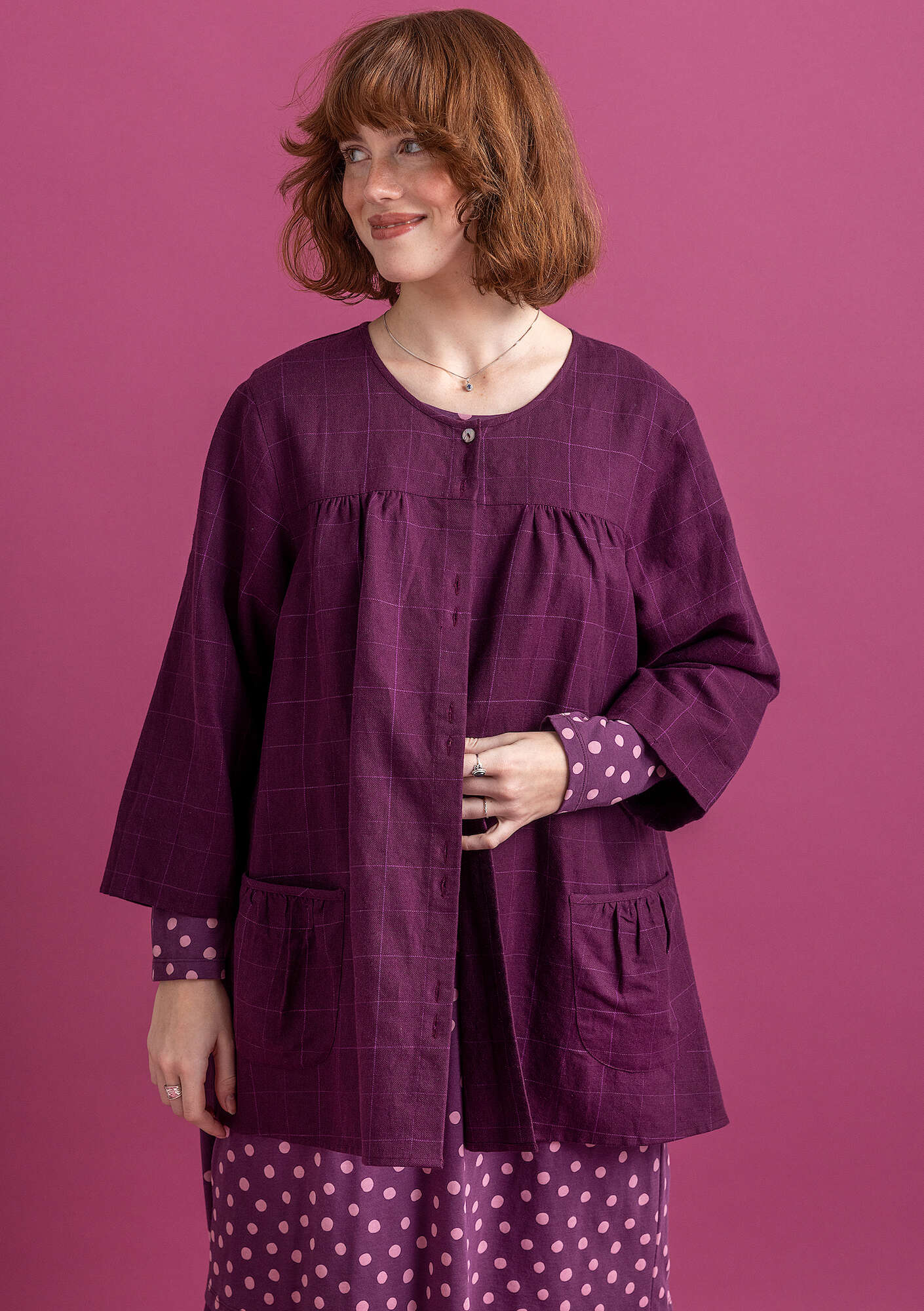 “Greta” woven artist’s blouse in organic cotton/linen allium thumbnail