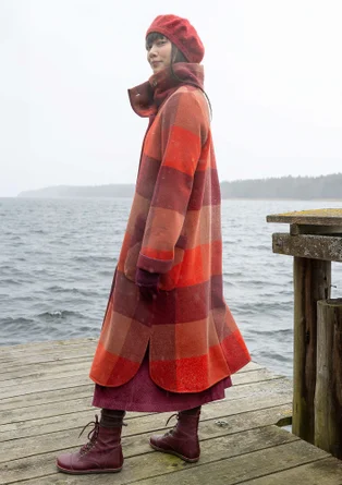 “Alberta” recycled wool/recycled polyester long coat - rooibos/patterned