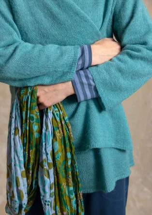 Cardigan i uld/bomuld/alpaka - teal/meleret