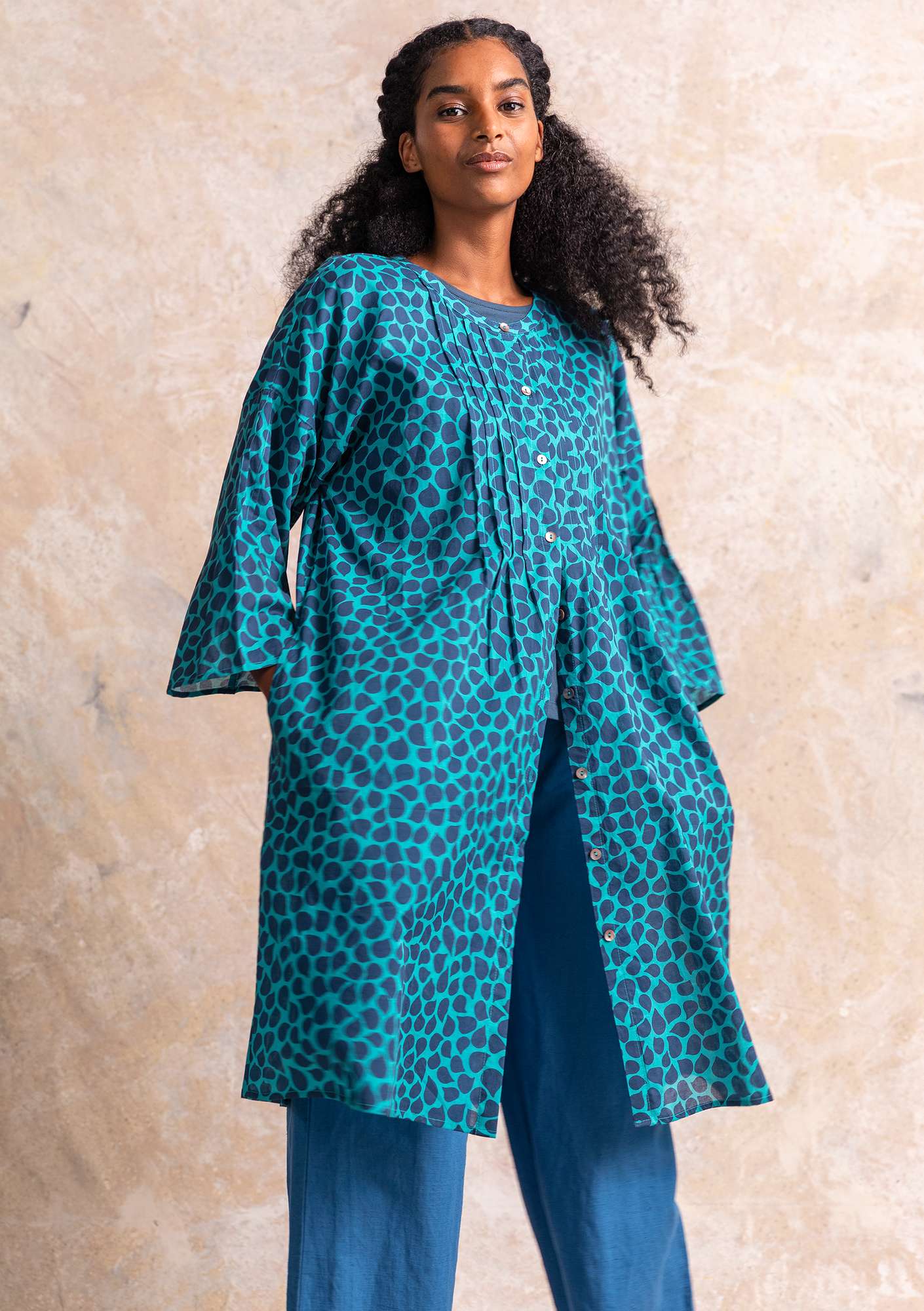 “Serafina” woven organic cotton dress turquoise/patterned thumbnail