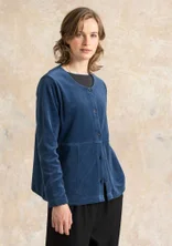 Solid-colored velour cardigan in organic cotton/recycled polyester - Pacific blue