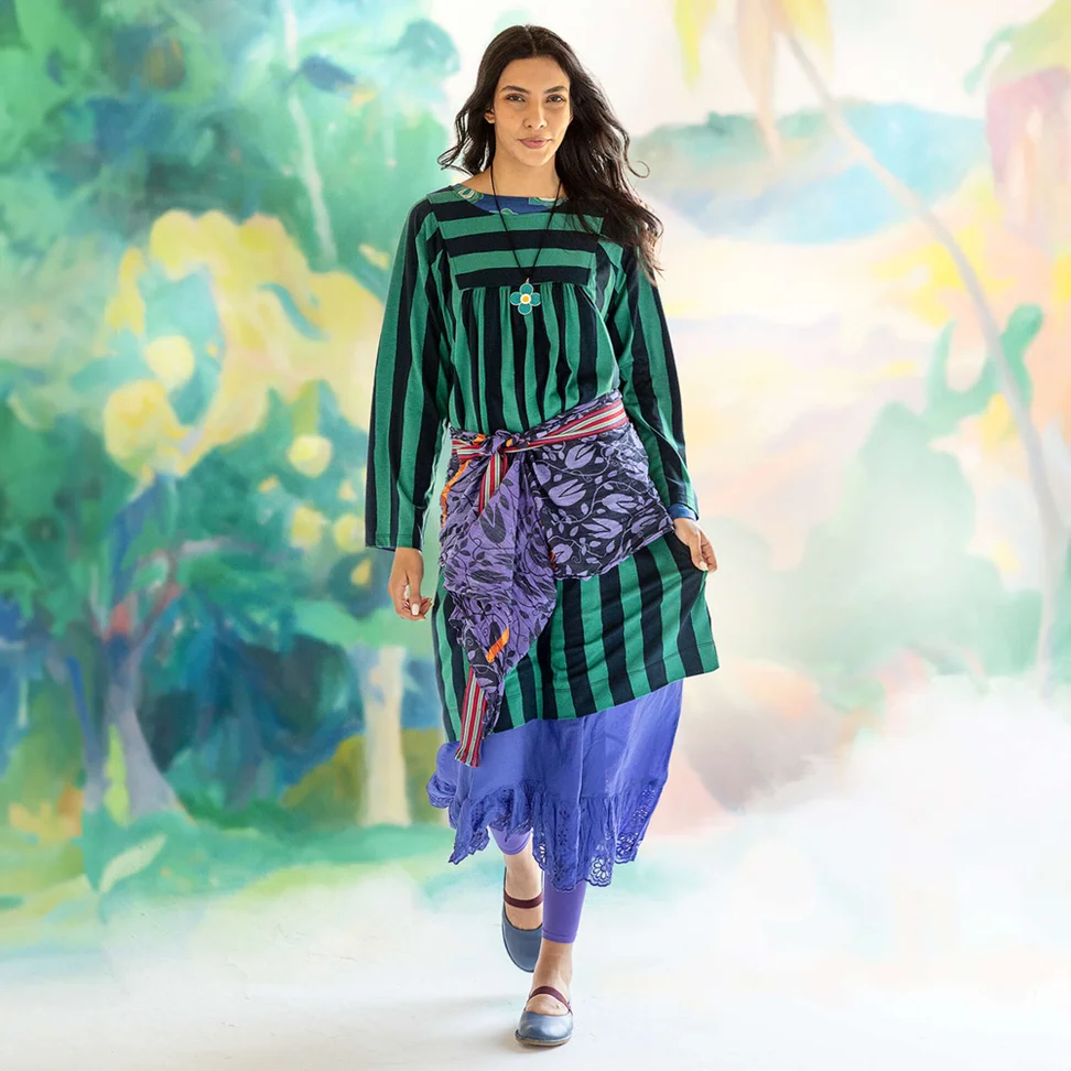 Tricot jurk "Madalena" van biologisch katoen/modal - licht flessengroen/donkerindigo