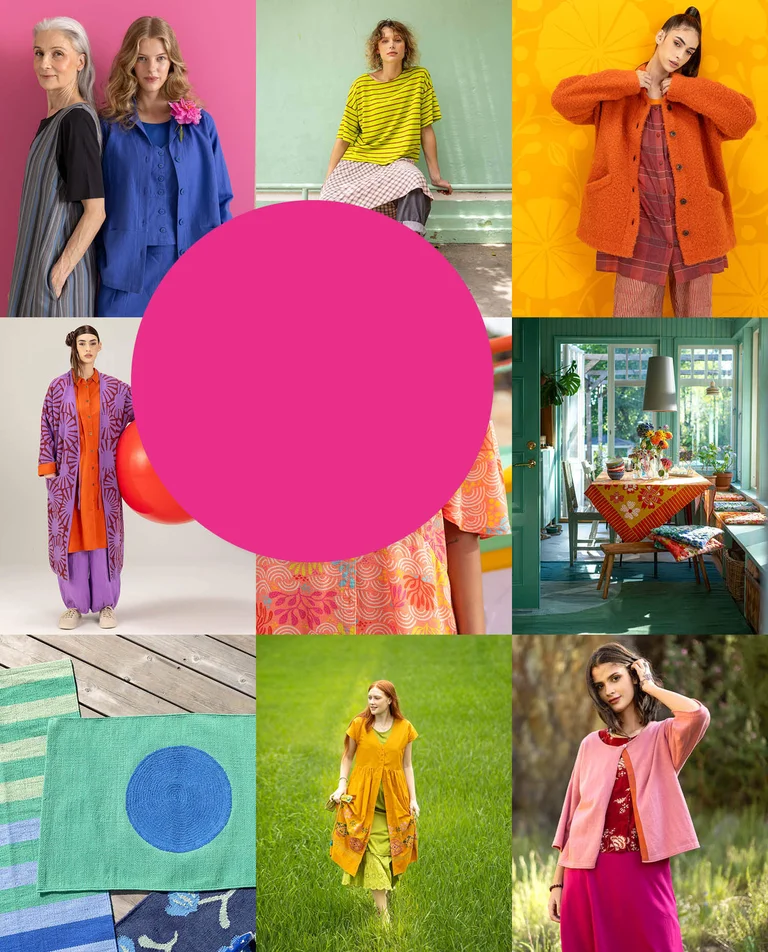 Een kleurrijke collage met kleding en woonaccessoires van Gudrun Sjödén.