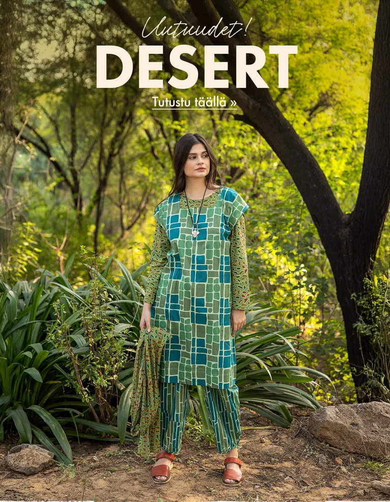 Three women standing next to each other outdoors wearing patterned clothes from Gudrun Sjödén.