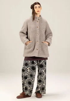 Strikket jakke i uldbouclé - lys kartoffel/meleret