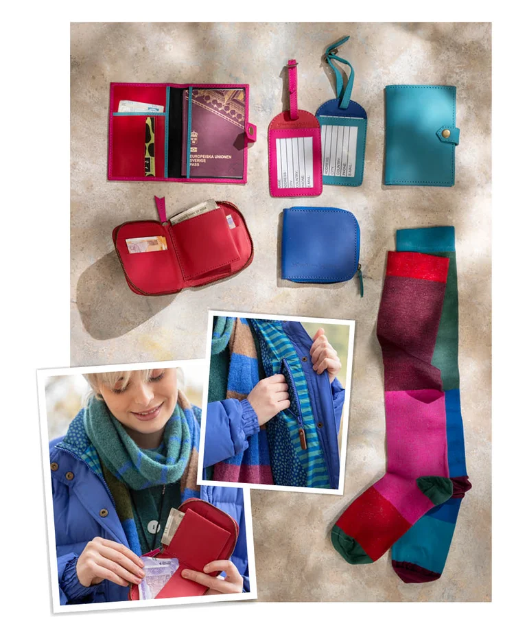 A collage of close-ups of colourful travel accessories from Gudrun Sjödén.